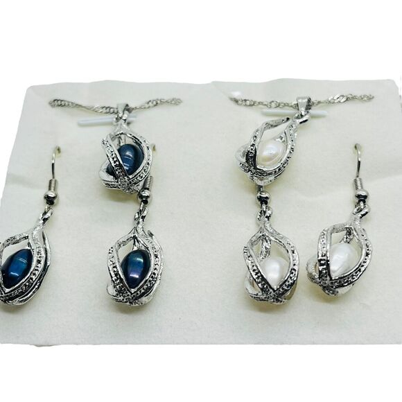 Necklace And Earrings Set Womens Silver Tone Faux Pearl Lobster Claw Clasp - Picture 3 of 16
